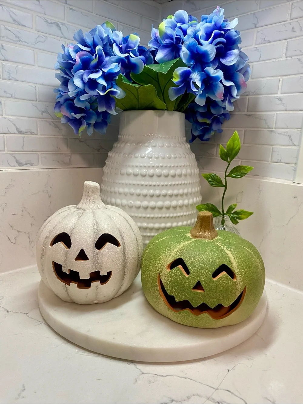 Decorative Halloween Ceramic Pumpkin - White and Green Jack-O'-Lanterns